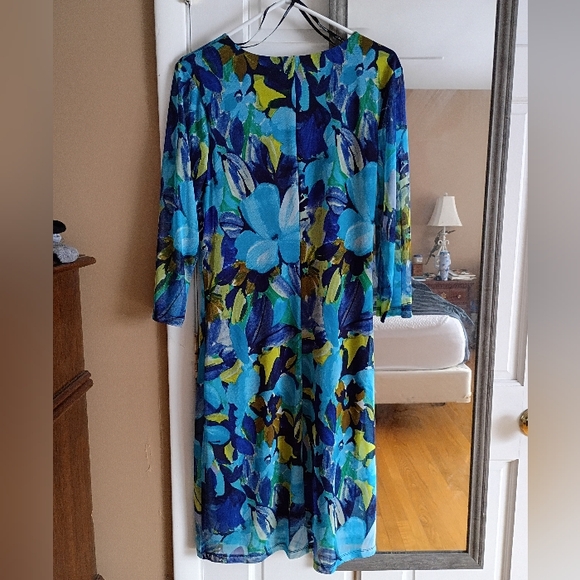 Kate and Lily Womens Sz 14W Green/Blue Floral sheer long sleeve Dress - Picture 9 of 11